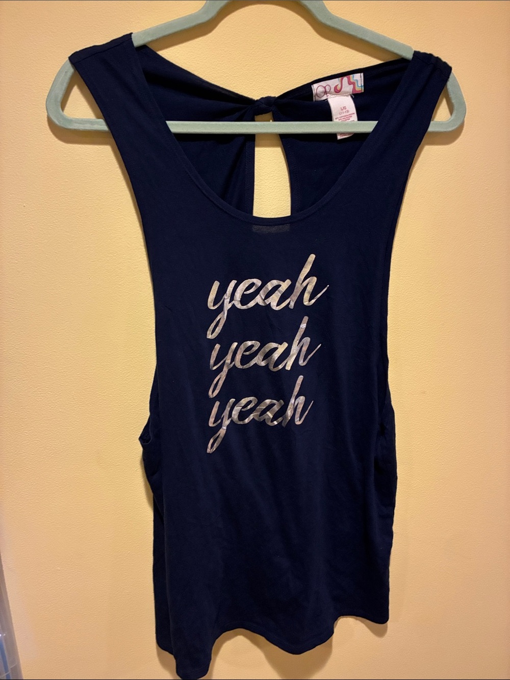 OP Navy Tank Top with Metallic Silver Script Yeah Yeah Yeah Knotted Open Back L